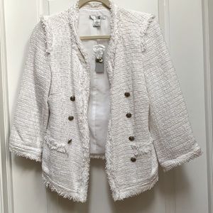 WD.NY White Fringe Fray Frayed Edge Tweed Boucle 3/4 Sleeve Semi Cropped Jacket
